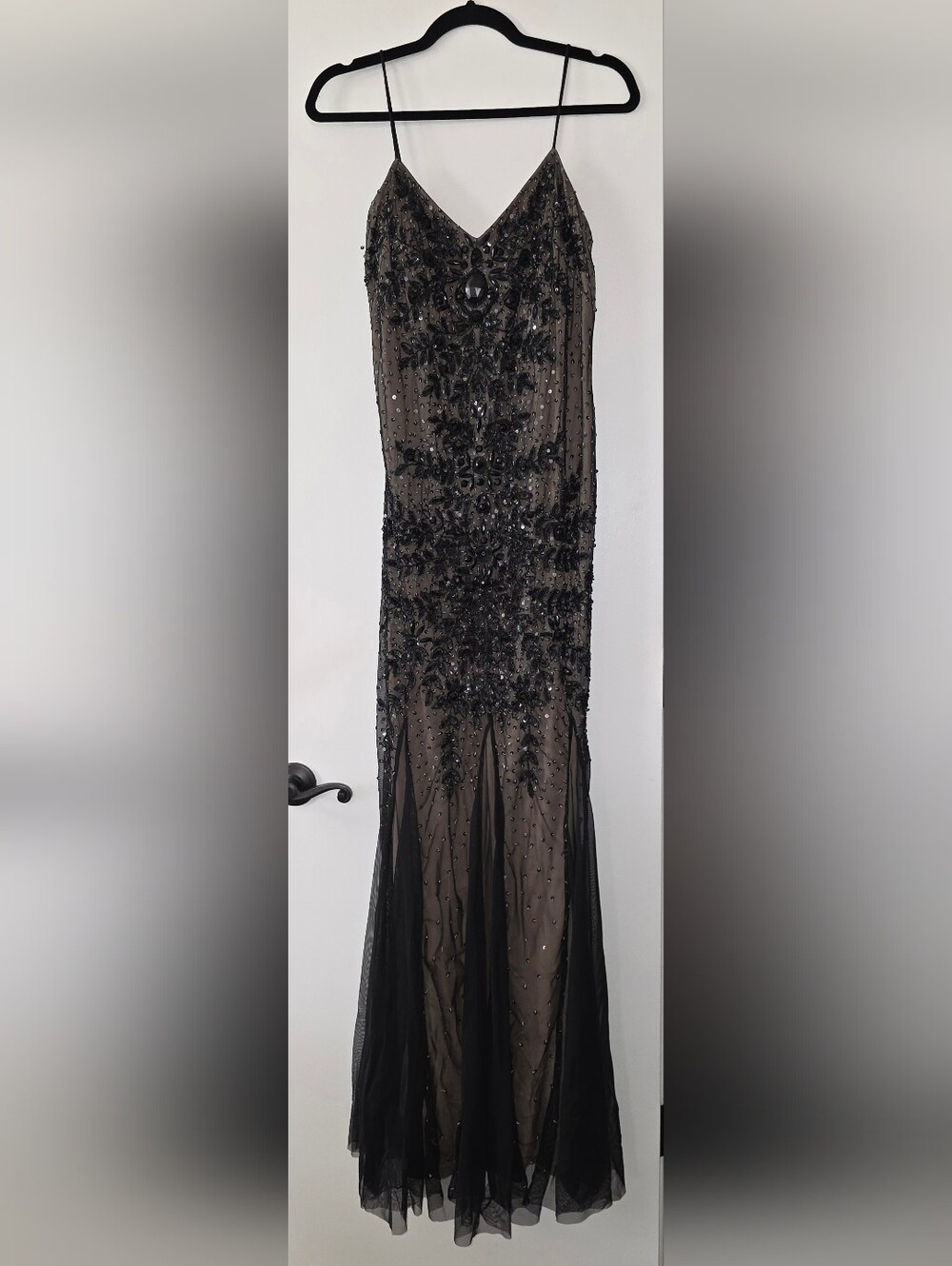 Adrianna Papell Black Beaded Sheer Evening Gown Size 10 W/ Garment Bag